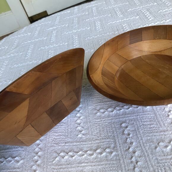 Vintage Segmented Wood Salad Bowls  Set of 2 (10") Mid‑Century Modern Serving - Picture 1 of 11